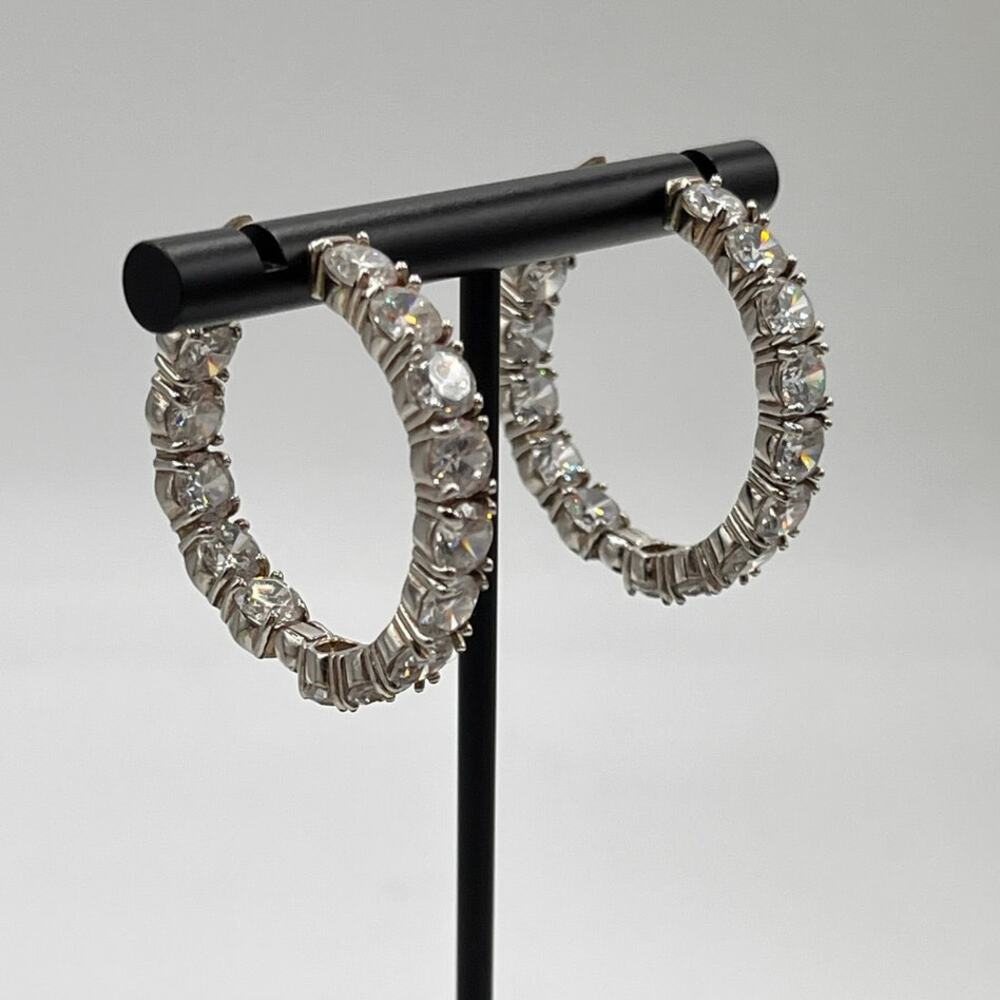 SD Signed Sterling Silver CZ In & Out Huggie Hinged Hoop Round Earrings‎